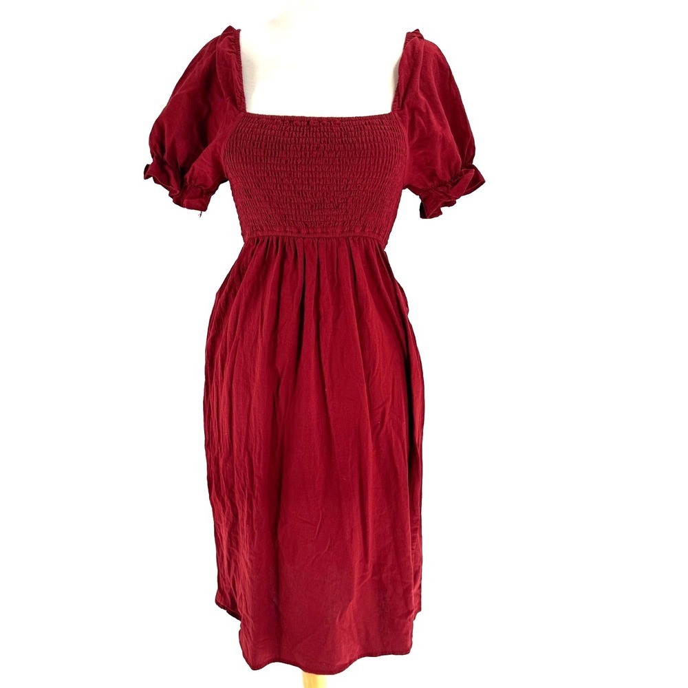 R. Vivimos Smocked Midi Dress Women's Small Burgundy Puff Sleeve Boho Casual New